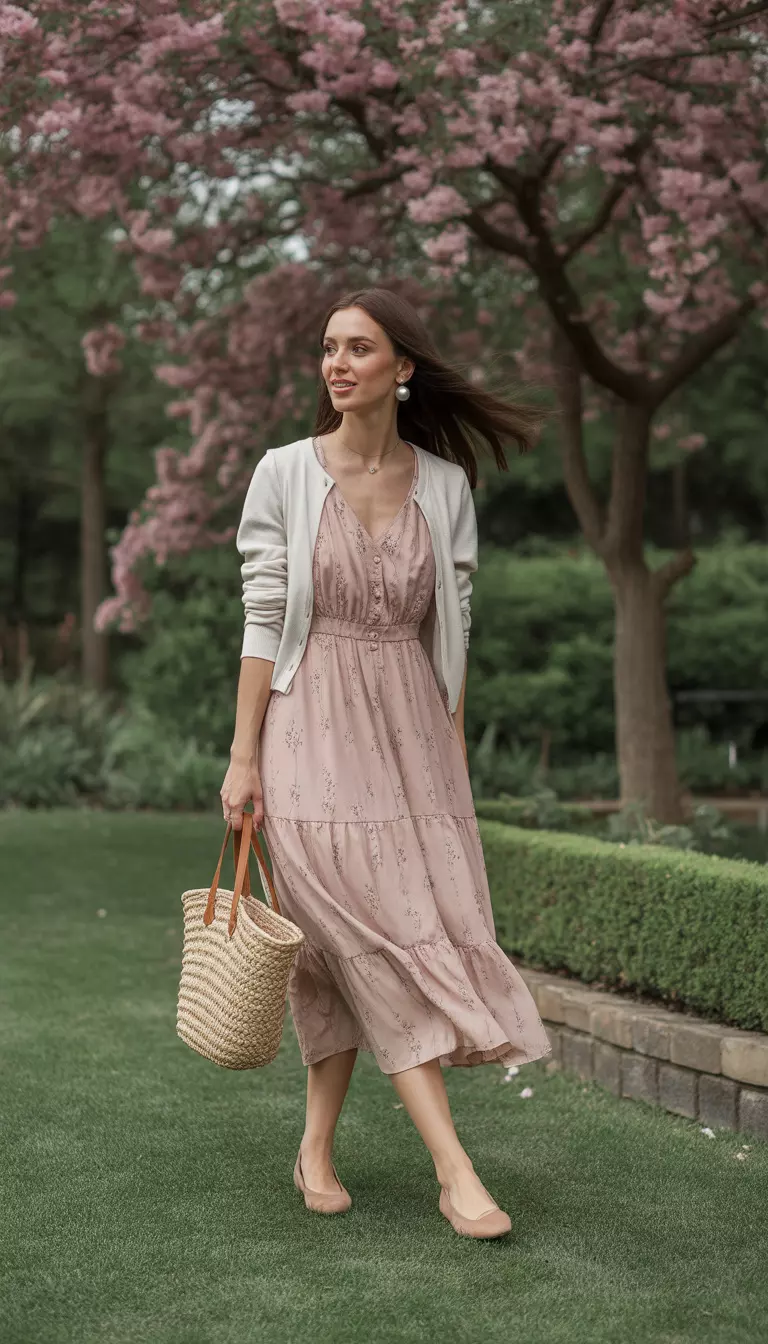 Pastel Floral Midi Dress Ensemble A beautiful woman in a blush pink midi dress with delicate floral prints, nude ballet flats, a light beige cardigan, and pearl drop earrings, she carries a woven straw tote bag and walks through a blooming garden.