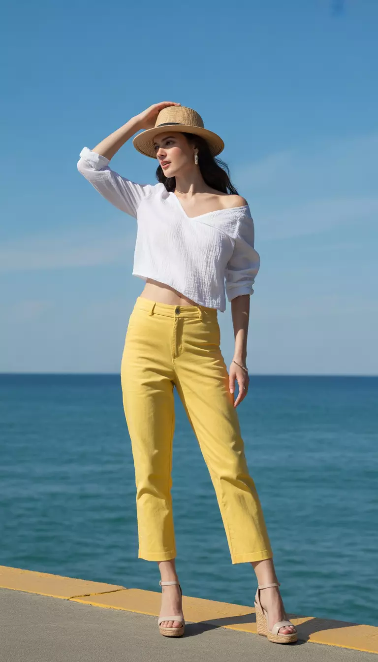 Bright Yellow Capris Ensemble A beautiful woman in sunshine yellow capris, a white asymmetrical blouse, nude wedges, and a straw hat, she stands on a sun-drenched pier near the ocean.