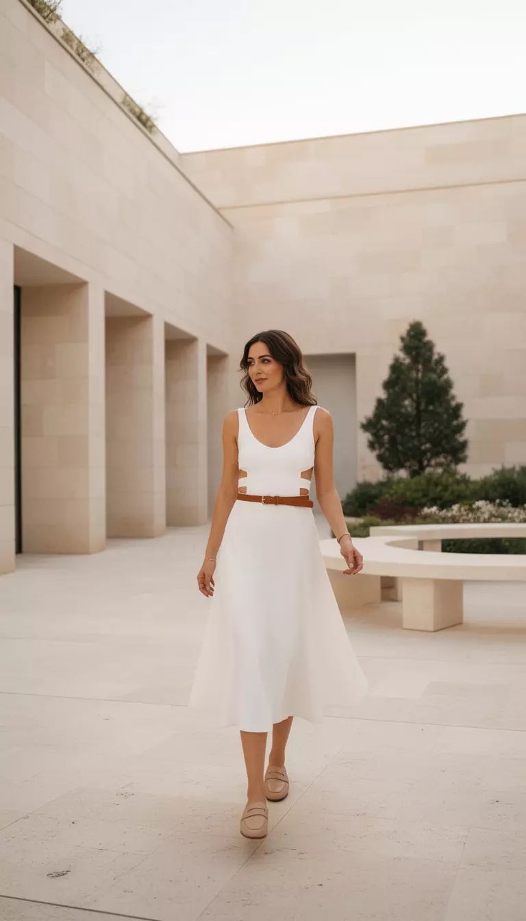 A beautiful woman in a white midi dress with waist cutouts, beige loafers, and a leather belt, she walks through a modern limestone courtyard.