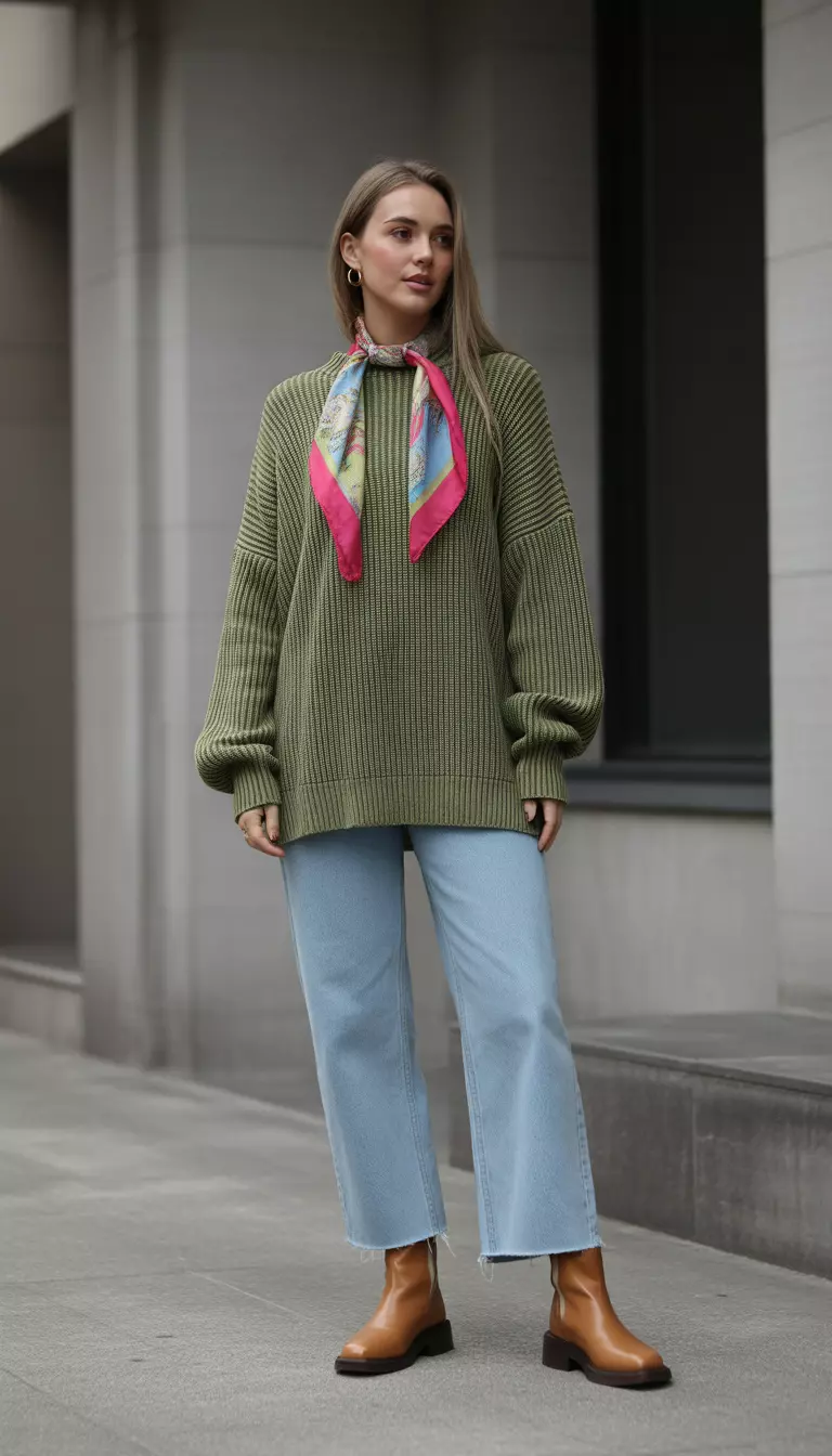 A beautiful woman in a moss green oversized cotton knit sweater, barrel-leg light blue jeans, tan leather boots, and a colorful printed scarf.