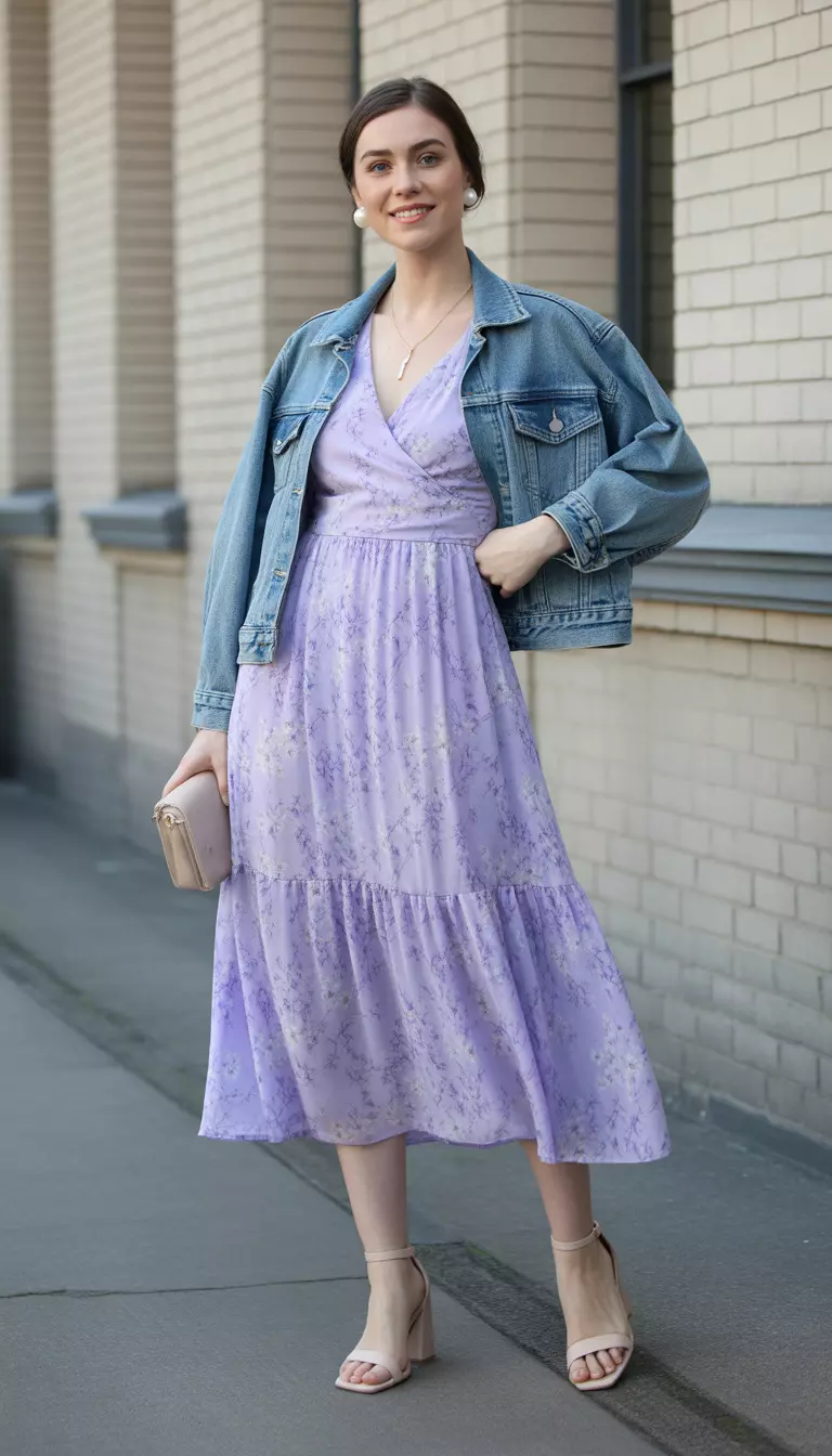 A beautiful woman in a lavender floral chiffon midi dress, nude block-heel sandals, a blue denim jacket, and pearl stud earrings.