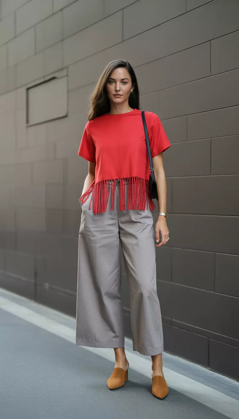 A beautiful woman in a fire engine red fringed cotton-blend top, summer grey wide-leg trousers, tan suede mules, and a black crossbody bag.
