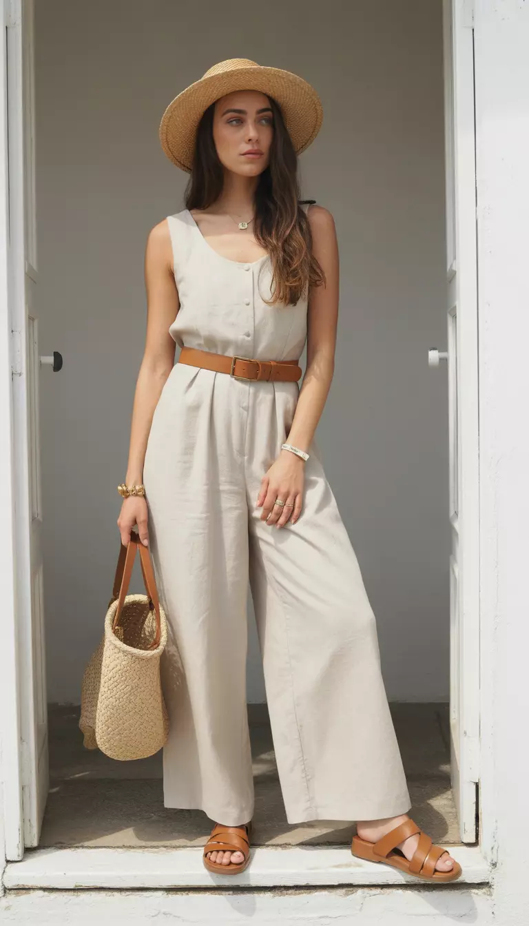 A beautiful woman in an ivory linen wide-leg jumpsuit, tan leather sandals, a straw sun hat, and a tan leather belt.