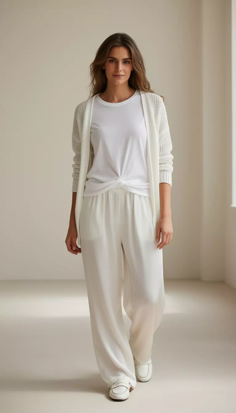 A beautiful woman in a white twisted cotton t-shirt, airy cloud white viscose silk house pants, a lightweight white knit cardigan, and cloud white slip-on loafers.