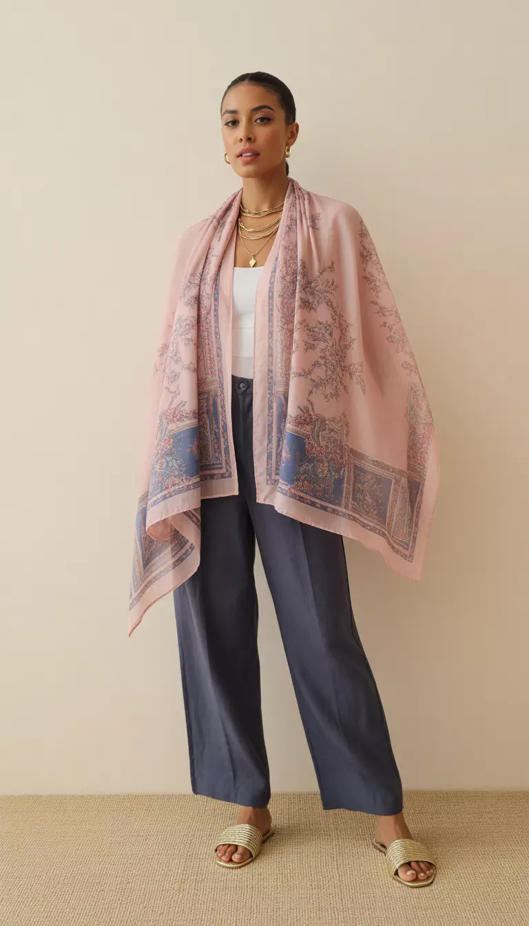 A beautiful woman in a powder pink printed foulard scarf top, navy linen straight-leg pants, gold flat sandals, and layered gold necklaces.