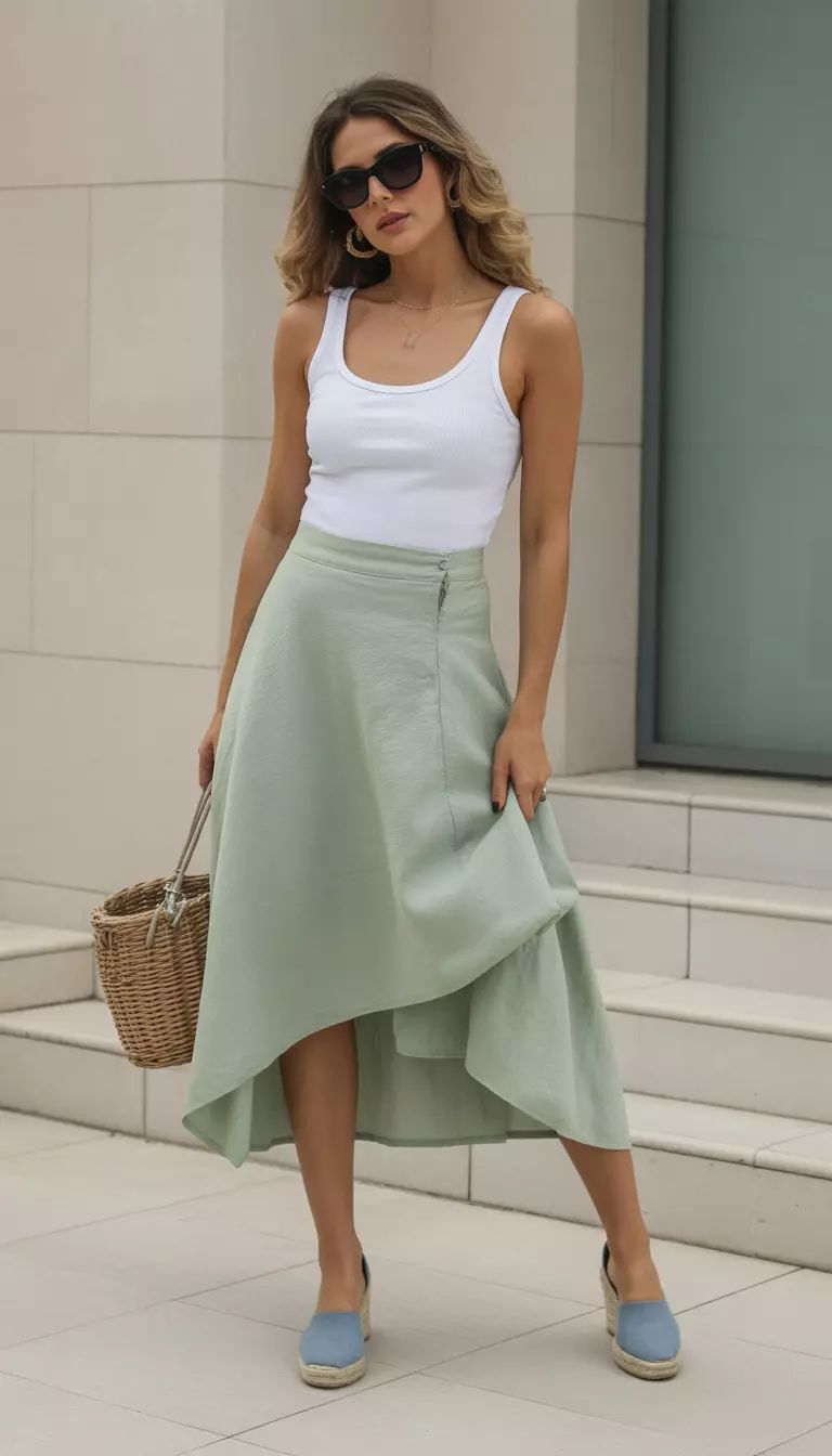 A beautiful woman in a mint green asymmetrical linen midi skirt, white ribbed singlet, black oversized sunglasses, and capri blue espadrille wedges.