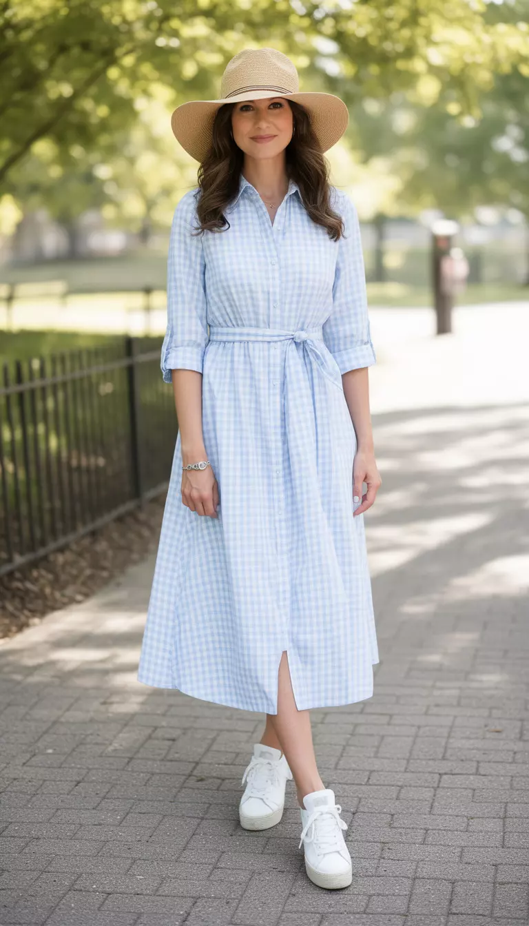 A beautiful woman in a baby blue gingham shirt dress with a waist belt, white wedge sneakers, a straw hat, and a delicate silver bracelet.