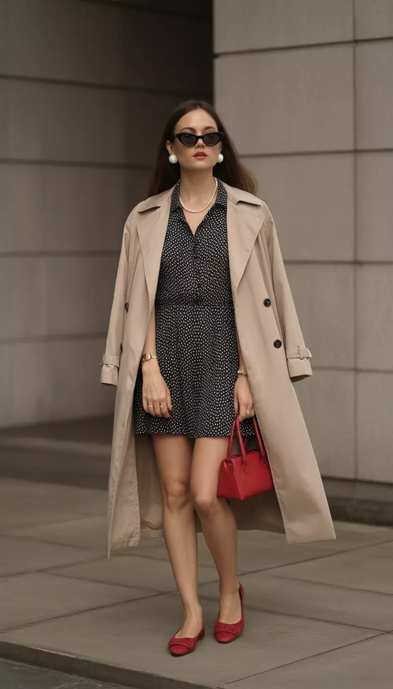 A beautiful woman in a black and white polka dot mini dress, red ballet flats, a light beige trench coat, cat-eye sunglasses, and white pearl earrings.