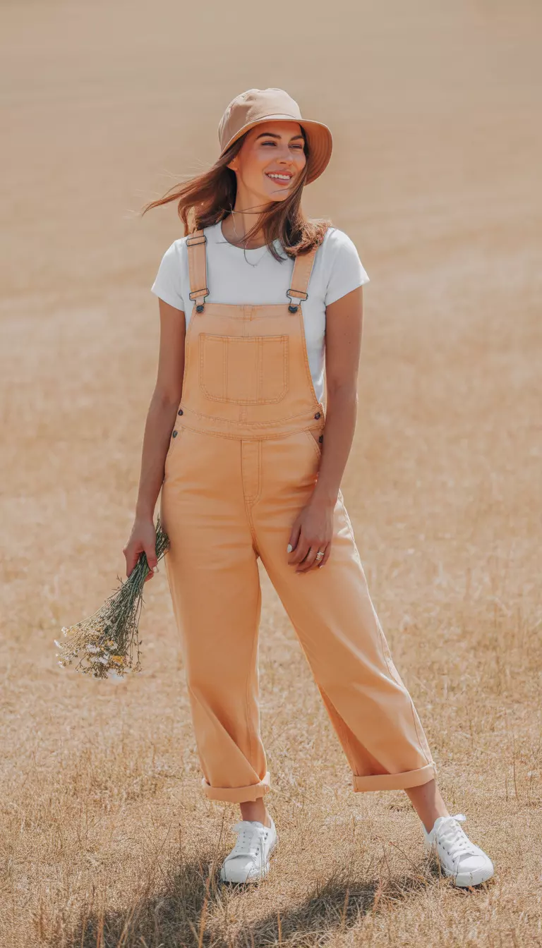A beautiful woman in light peach overalls, a white tee shirt, white canvas sneakers, and a tan bucket hat.