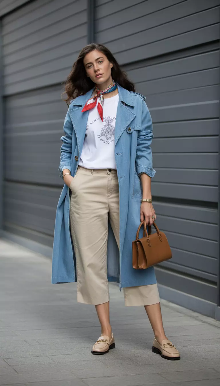 A beautiful woman in a light blue denim trench coat, white graphic tee, beige capri pants, tan loafers, and a colorful silk scarf tied around her neck.