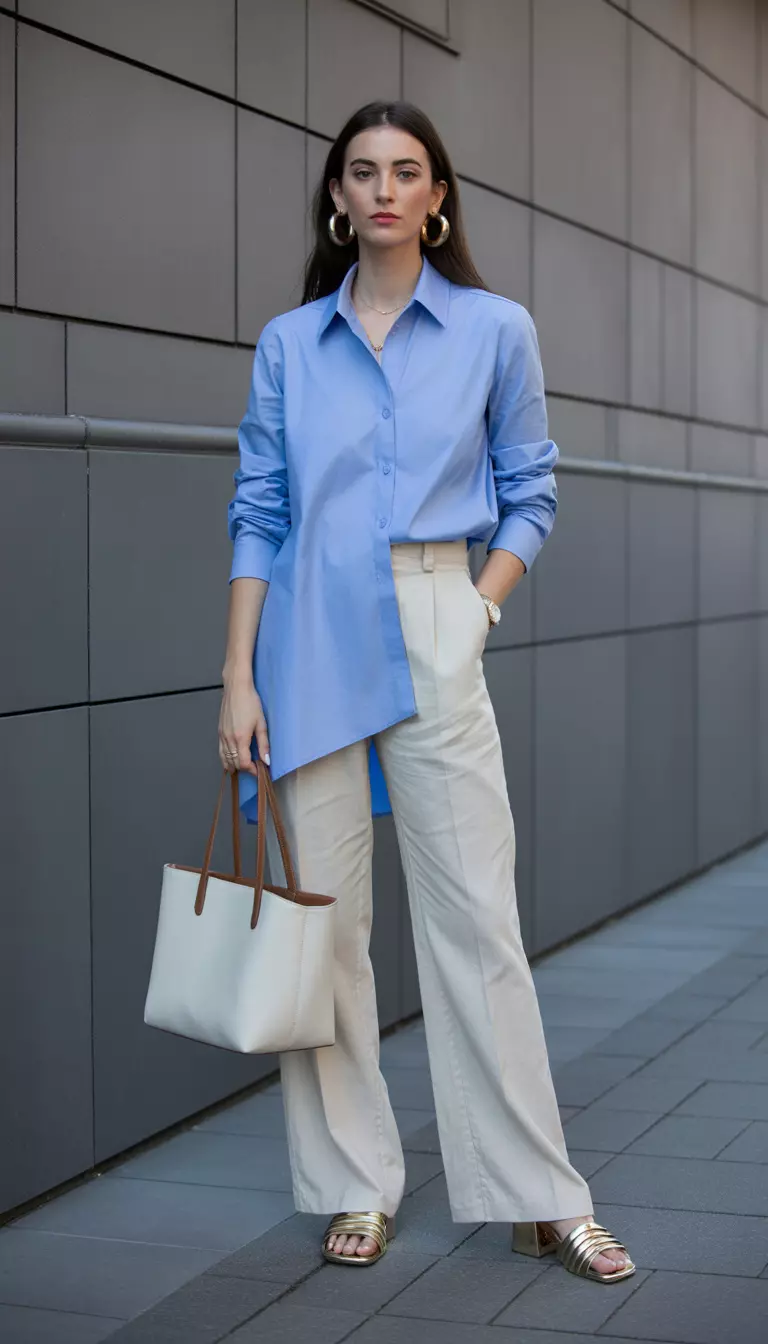 A beautiful woman in a cool blue asymmetrical hem blouse, cream linen trousers, gold sandals, gold hoop earrings, and a white structured leather tote bag.