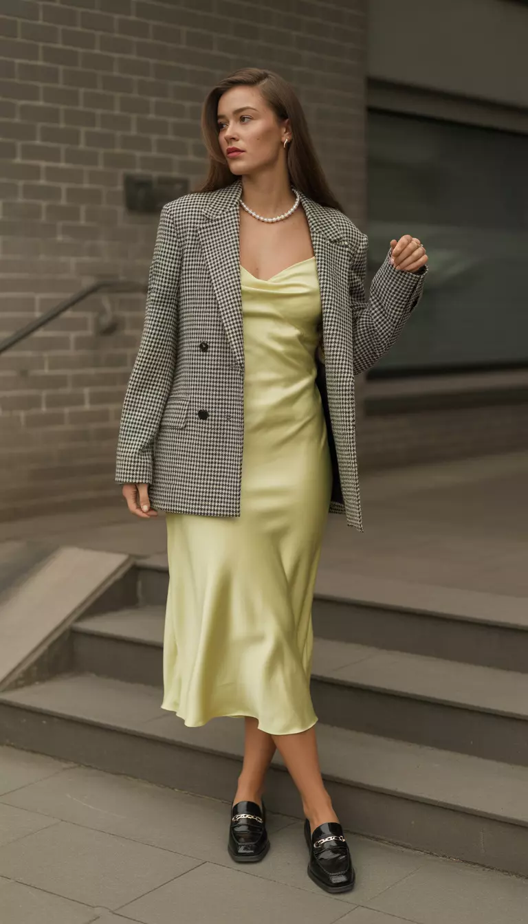 A beautiful woman in a black and white checkered blazer, yellow slip dress, black loafers, and a classic pearl necklace.