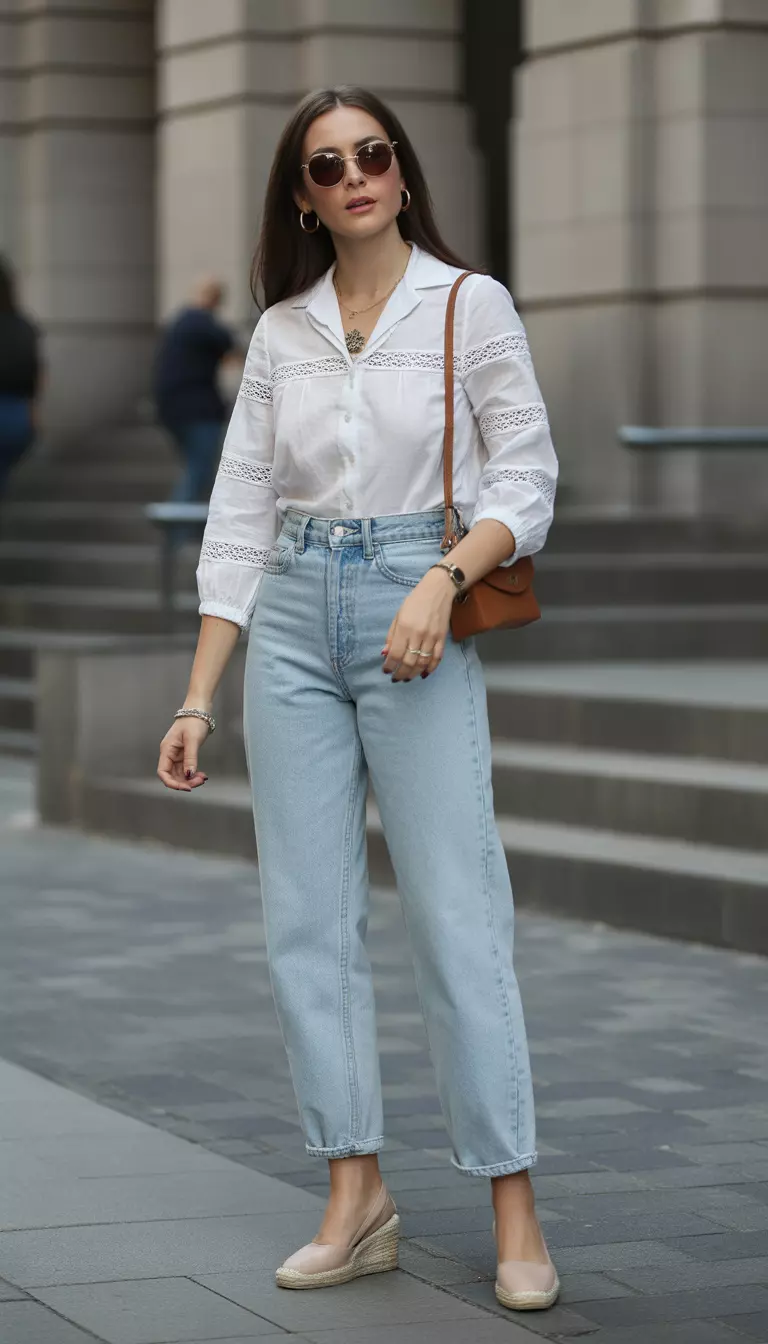 A beautiful woman in an off-white lace blouse, lightwash high-waisted granny jeans, nude espadrilles, and a small vintage brooch, carrying a brown leather crossbody bag.