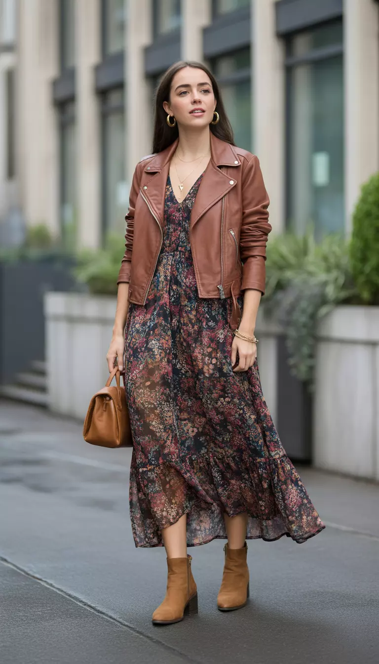 A beautiful woman in a multicolored floral maxi dress, brown leather moto jacket, tan ankle boots, and gold hoop earrings.