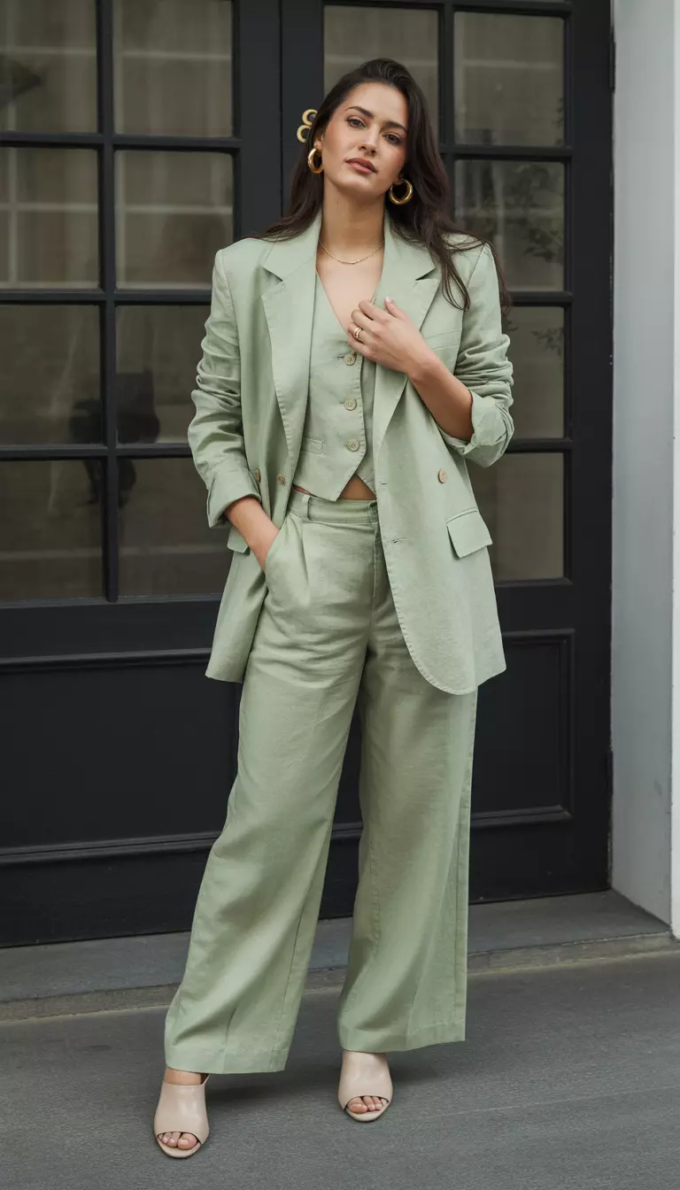 A beautiful woman in a sage green linen blazer and matching linen trousers, a sage green vest, nude mules, and gold hoop earrings.