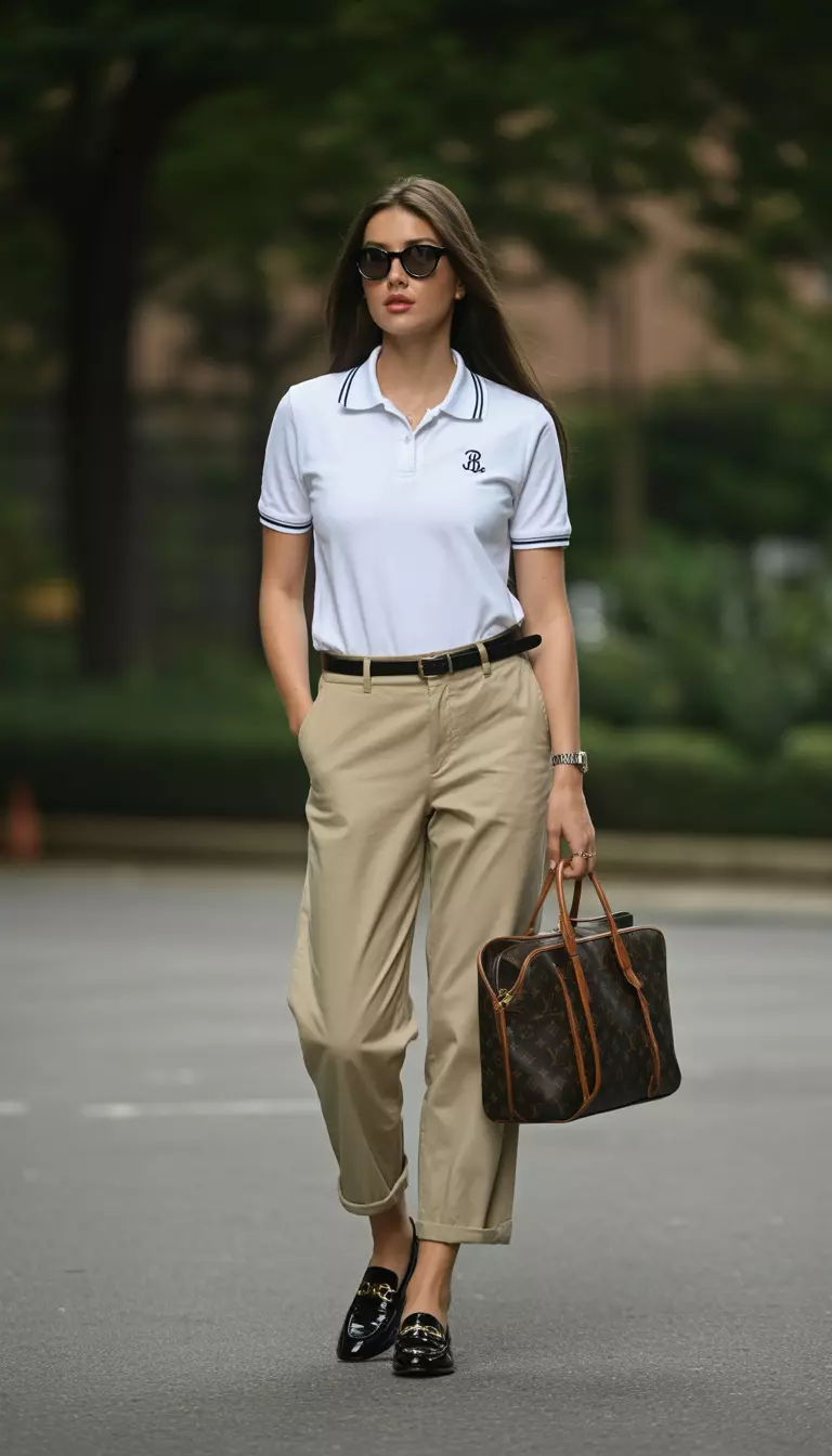 A beautiful woman in a white prep polo, khaki chinos, black loafers, and oversized black sunglasses, she carries a monogram leather bag.