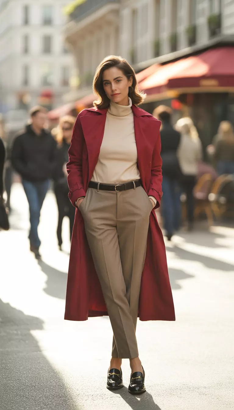 A beautiful woman in a bold cherry red trench coat, beige trousers, cream turtleneck, and black loafers.