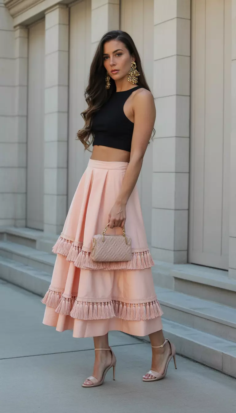 A beautiful woman in a peach statement skirt with tassel details, a black crop top, nude high heels, and bold gold statement earrings.