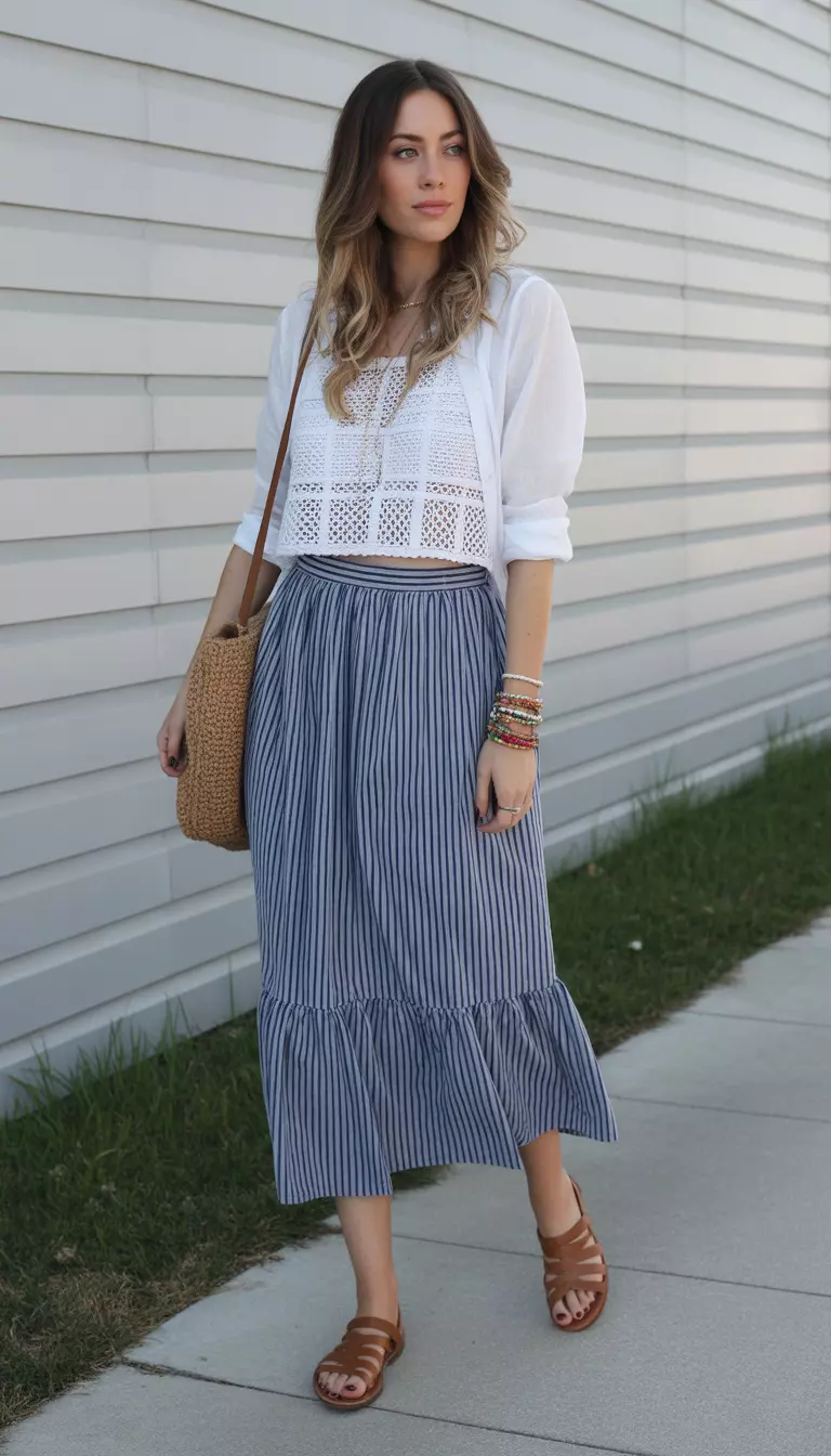 A beautiful woman in a navy and white stripe midi skirt, white bohemian crochet top, brown leather sandals, and layered colorful bracelets.