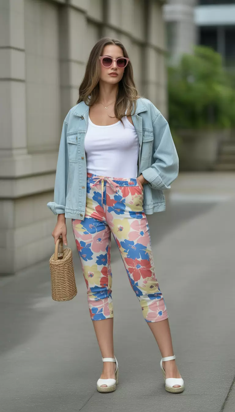 A beautiful woman in multicolored floral capris, a white tank top, light blue denim jacket, white espadrille wedges, and pink sunglasses.