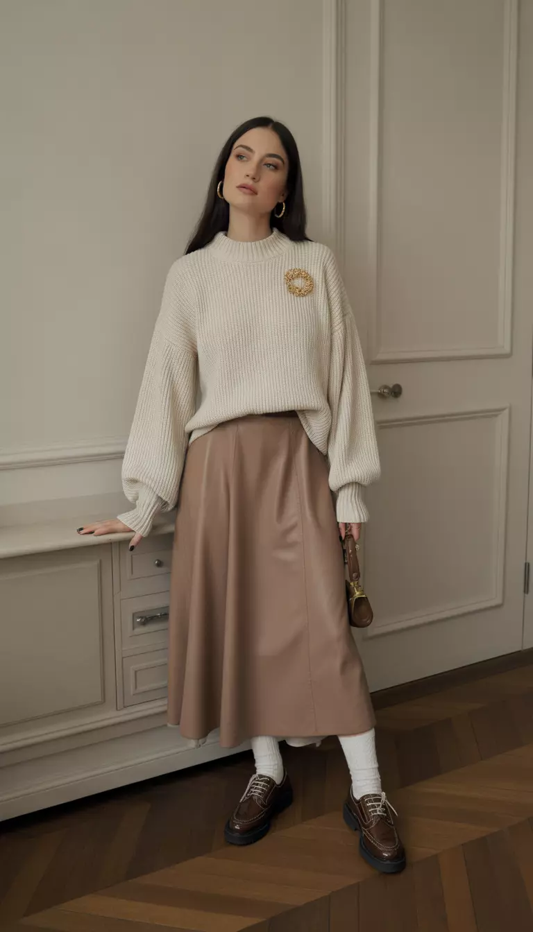 A beautiful woman in an ivory knit sweater, taupe midi skirt, brown brogues, and a vintage gold brooch on her chest.