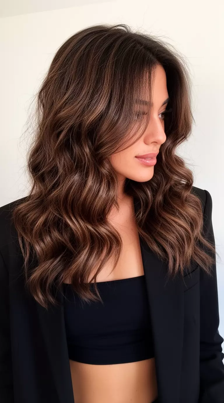 casual close-up photo of a 33-year-old woman wearing a black blazer and crop top with a dark brown wavy hair with face-framing layers colored very voluminous hairstyle, side profile view, minimal background