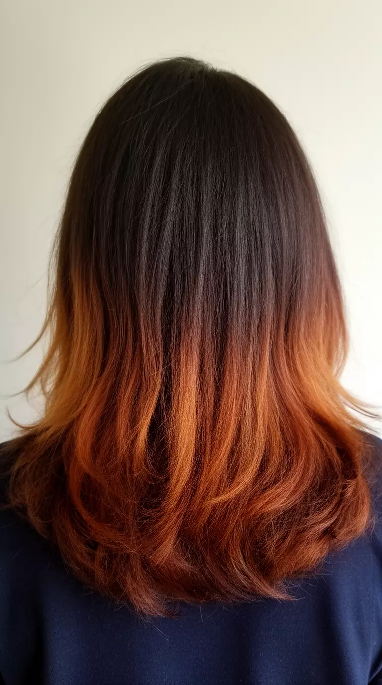 casual close-up photo of a 38-year-old woman wearing a dark top with a layered dark brown hair with warm brown gradient colored medium-long hairstyle, back view, minimal background