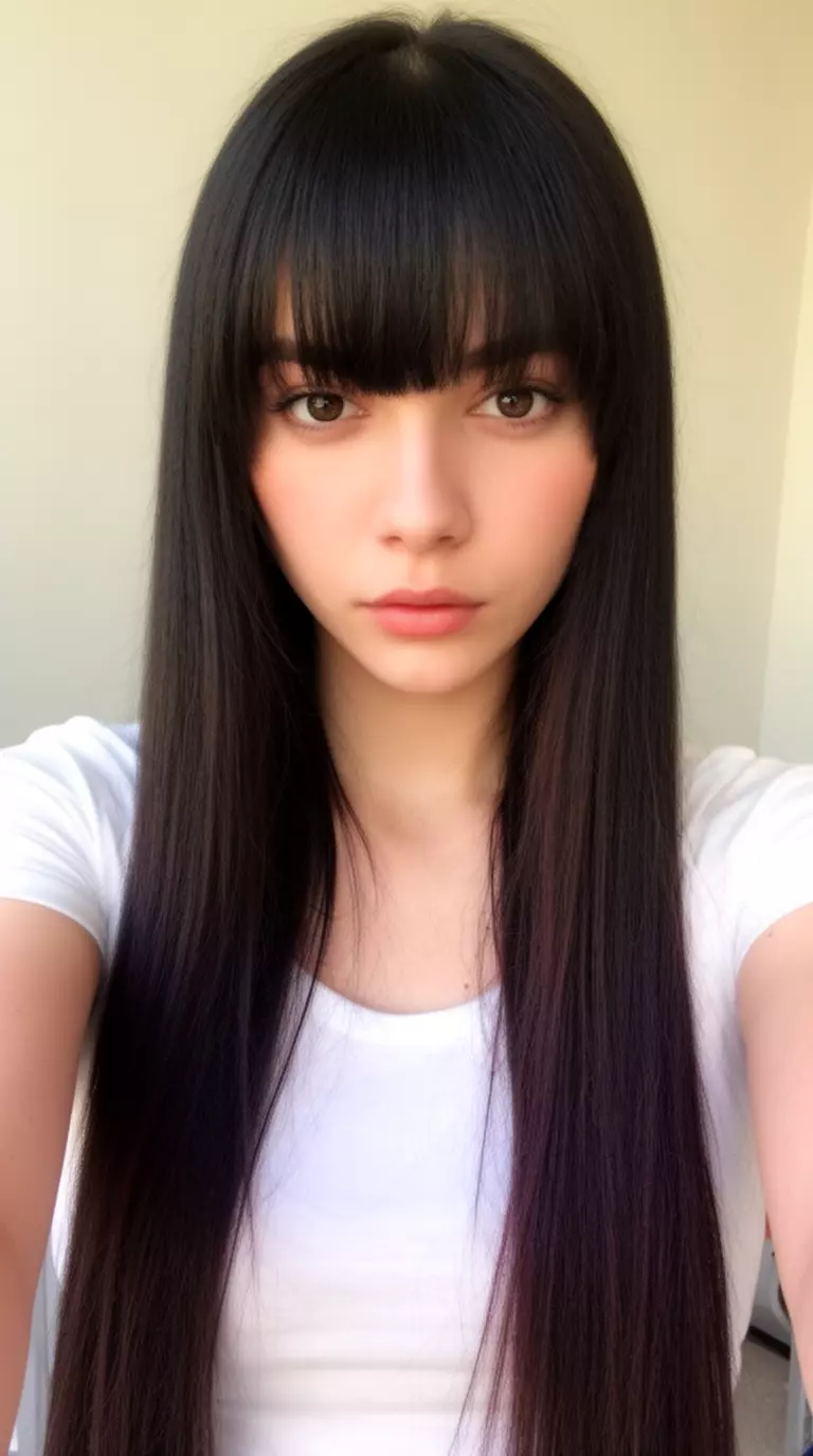 selfie of a 25-year-old woman wearing a white top with a dark hair with straight, full bangs colored long hairstyle, front view, minimal background