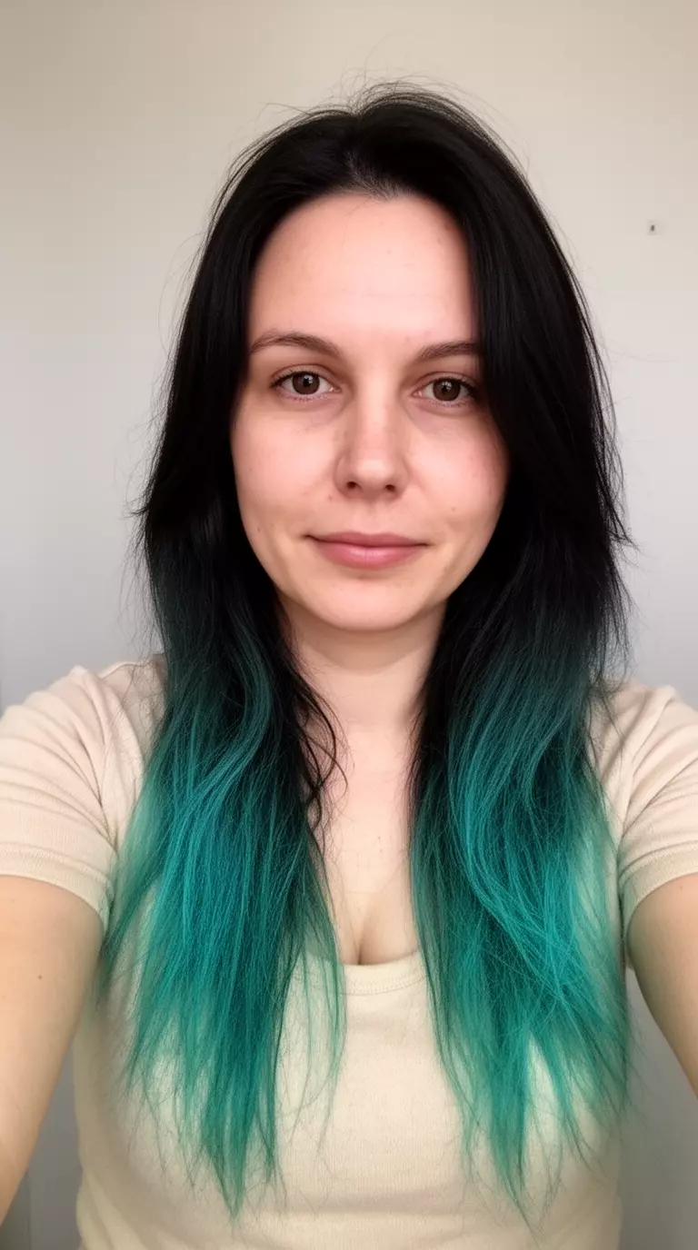 selfie of a 33-year-old woman wearing a light beige top with a dark hair with teal/turquoise highlights colored long hairstyle, front view, minimal background