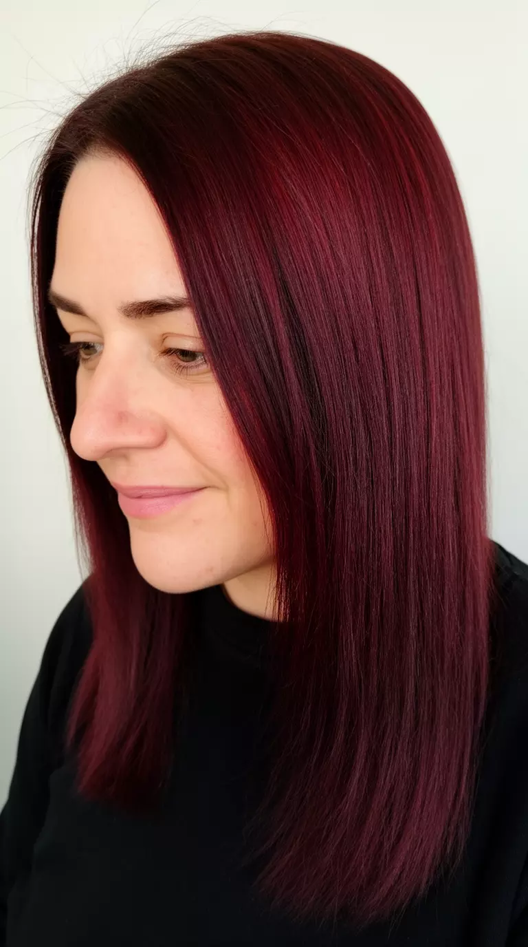 casual close-up photo of a 39-year-old woman wearing a black top with a medium-long, straight hair with dark auburn undertones colored hairstyle, side view, minimal background