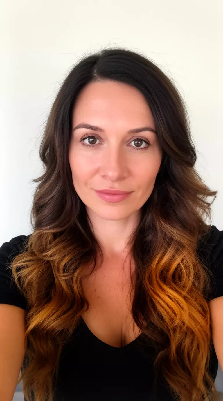 selfie of a 36-year-old woman wearing a black top with a dark brown wavy hair with honey highlights colored long hairstyle, front view, minimal background