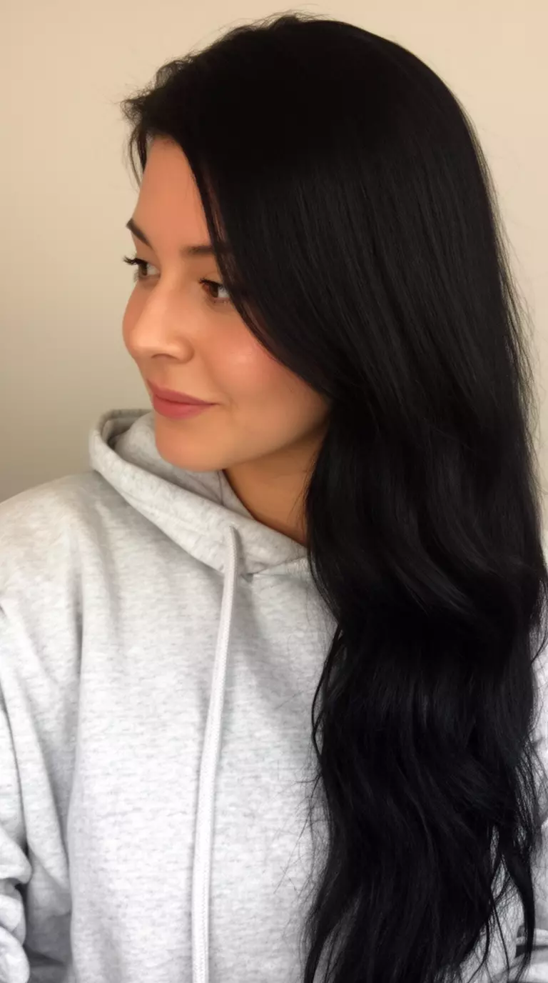 casual close-up photo of a 31-year-old woman wearing a light gray hooded sweatshirt with a deep black colored very long, straight-to-wavy hairstyle, side view, minimal background