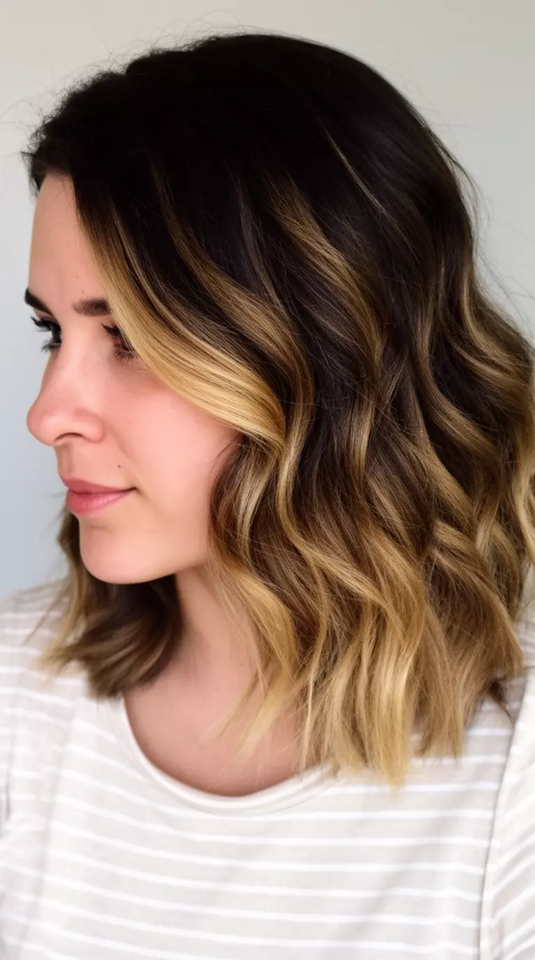 casual close-up photo of a 29-year-old woman wearing a light colored striped top with a dark brown hair with sun-kissed blonde highlights colored medium-length wavy hairstyle, side profile view, minimal background