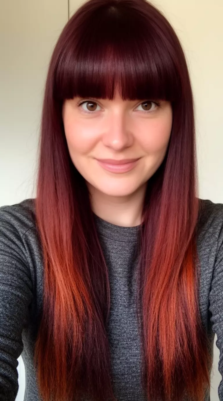 selfie of a 30-year-old woman wearing a charcoal gray top with a dark auburn hair with warm undertones and full, straight bangs colored long hairstyle, front view, minimal background