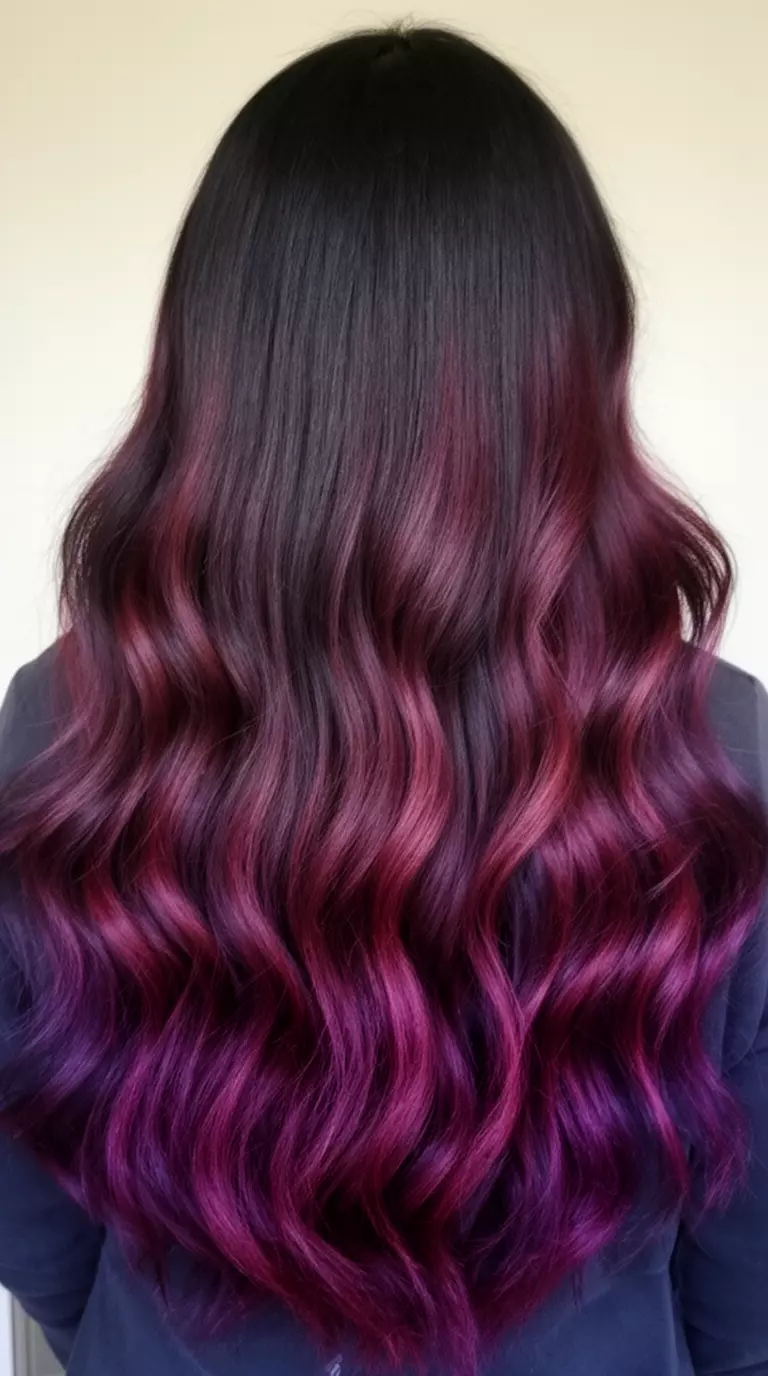casual close-up photo of a 29-year-old woman wearing a dark top with a dark hair with deep purple and maroon highlights colored very long, wavy hairstyle, back view, minimal background