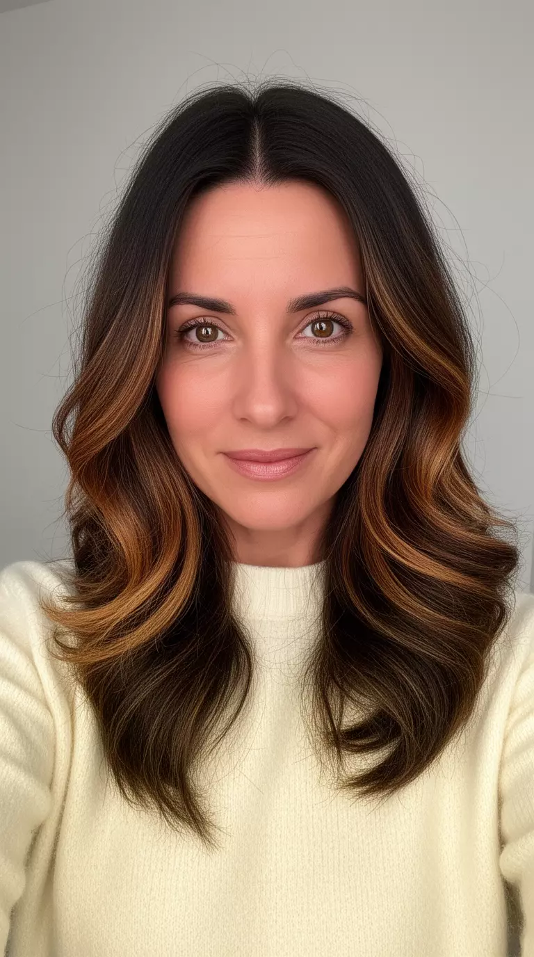 selfie of a 37-year-old woman wearing a cream sweater with a dark brown hair with caramel highlights colored voluminous, medium-length hairstyle, front-facing view, minimal background