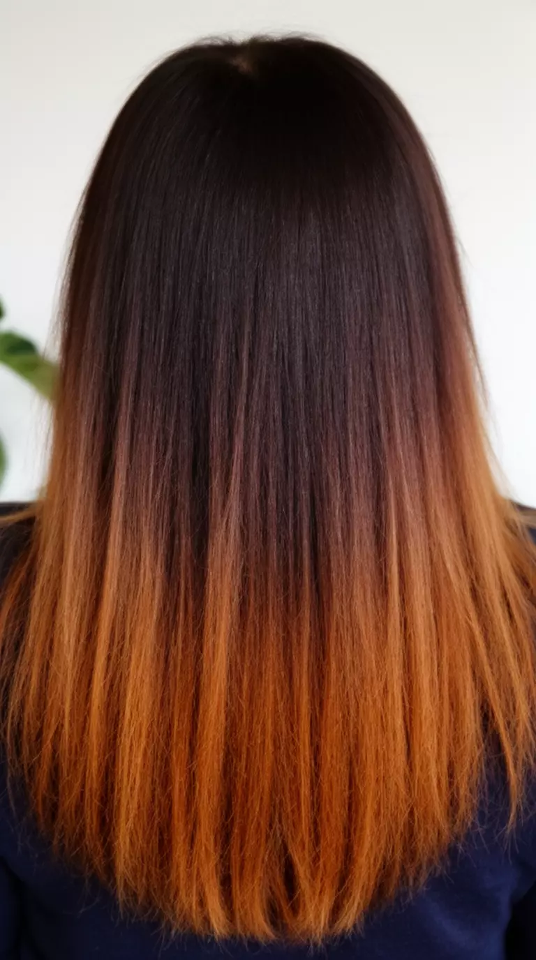 casual close-up photo of a 42-year-old woman wearing a dark top with a dark brown hair with warm, lighter brown ombre colored very long hairstyle, back view, minimal background