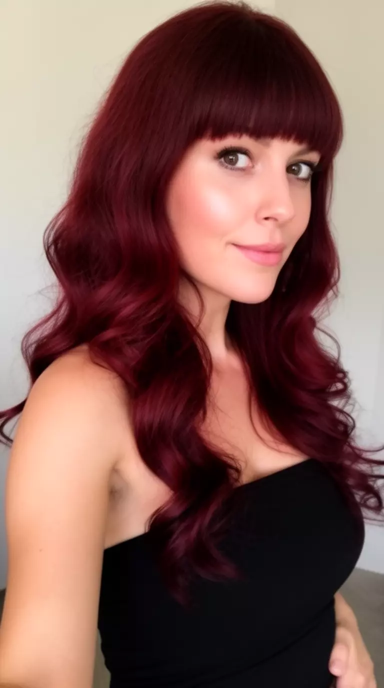 selfie of a 35-year-old woman wearing a strapless black top with a dark red/burgundy colored long wavy hair with straight bangs hairstyle, three-quarter view, minimal background