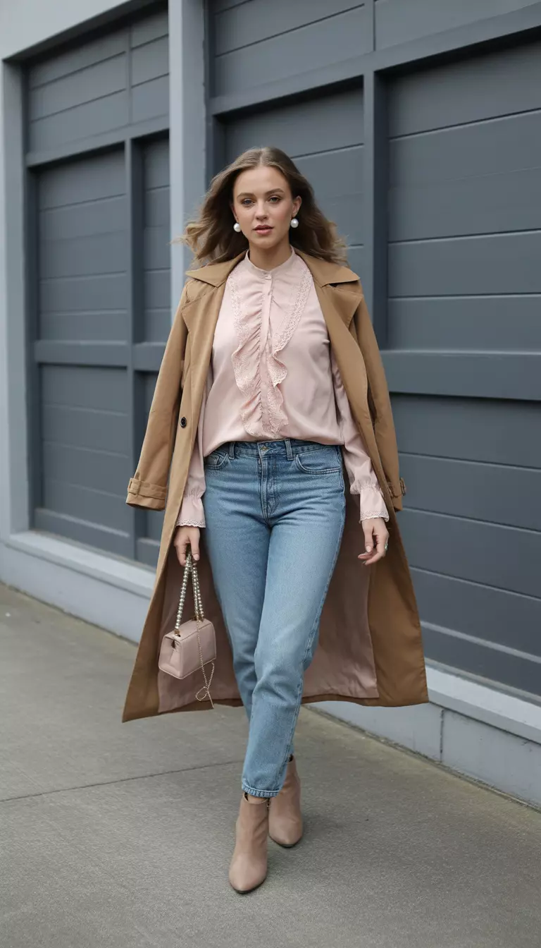 A beautiful woman in a blush pink lace ruffle blouse, denim jeans, tan trench coat, ankle boots, and pearl studs.