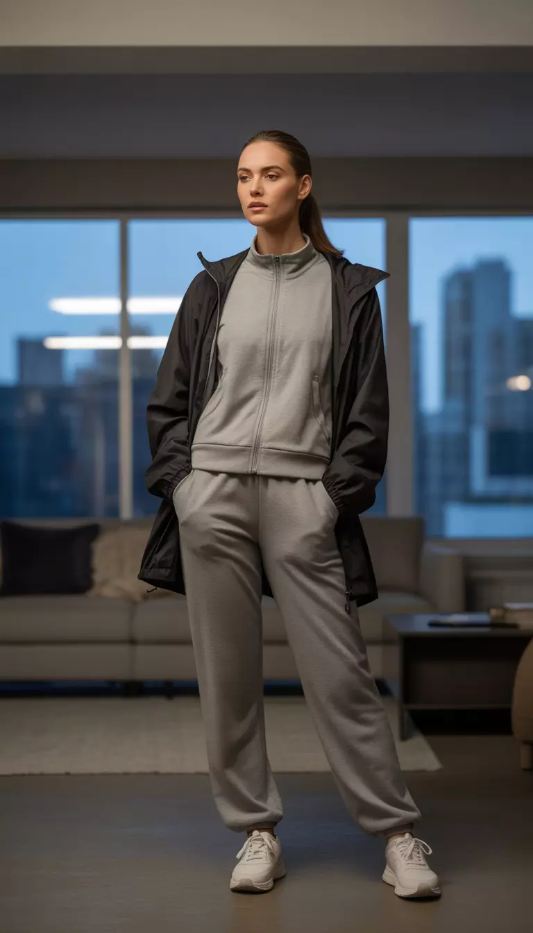 A beautiful woman in a grey minimalist athleisure tracksuit, white sneakers, a lightweight black anorak, and a sleek ponytail.