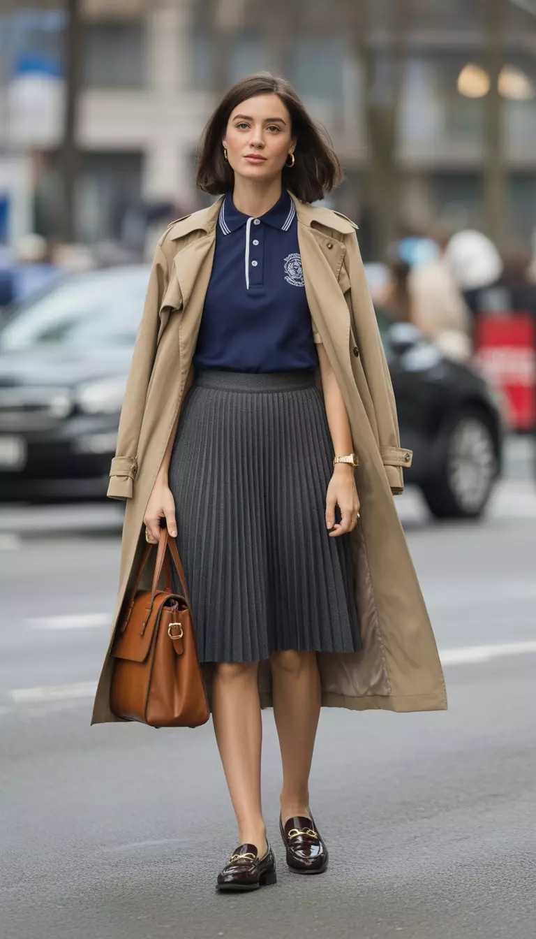 A beautiful woman in a navy blue polo shirt, pleated grey wool skirt, beige trench coat, loafers, and a leather satchel.