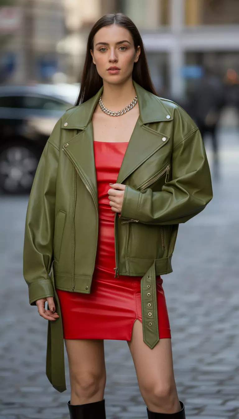 A beautiful woman in an olive green oversized leather jacket, fire engine red mini dress, black boots, and a silver chain necklace.