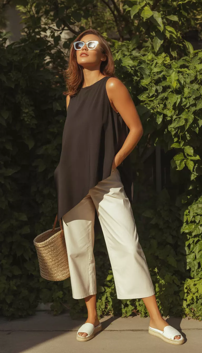 A beautiful woman in an asymmetrical hem black top, cream capris, espadrilles, and oversized sunglasses.