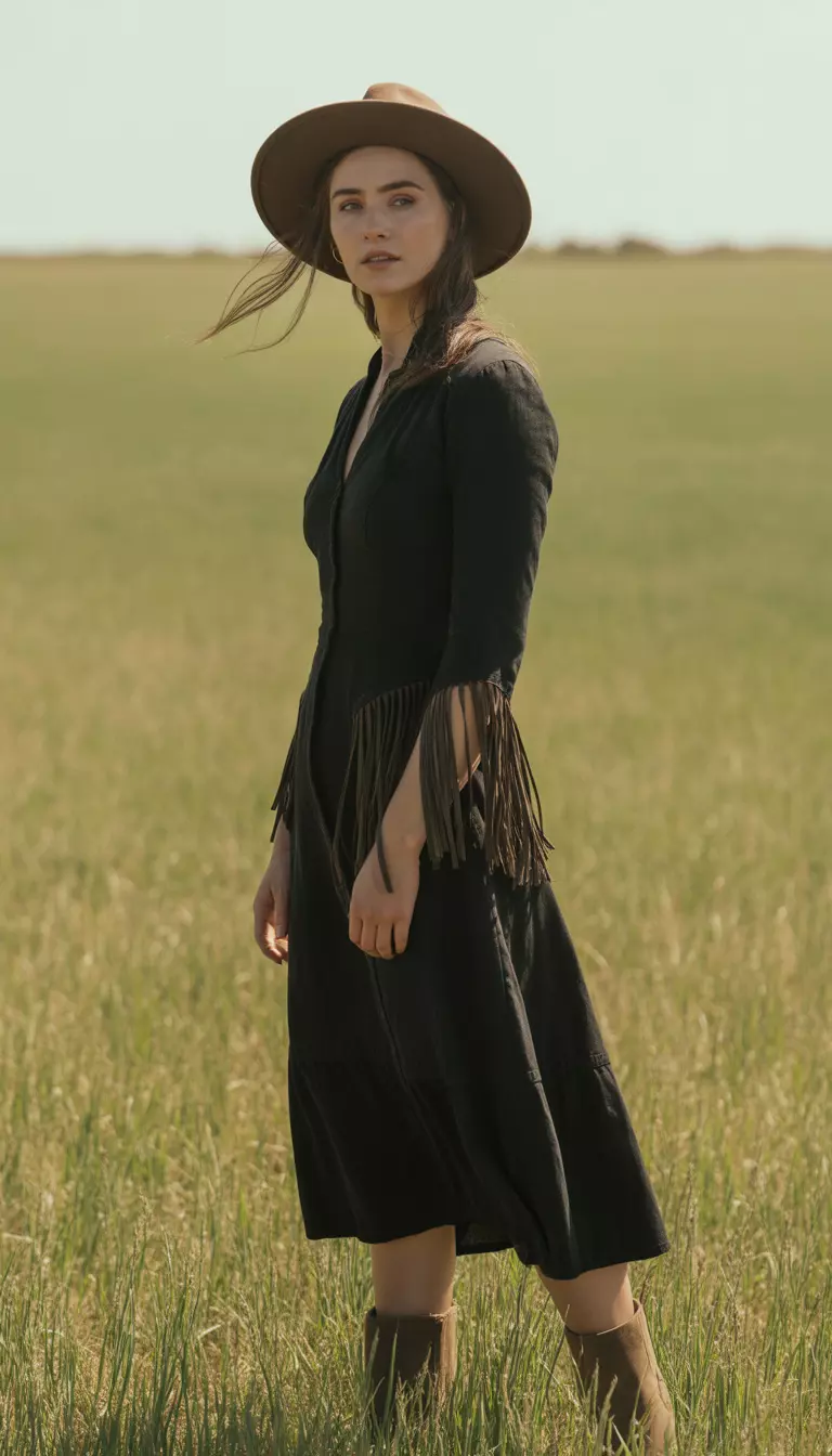 A beautiful woman in a black midi dress, suede fringe details, brown boots, and a wide-brim hat.