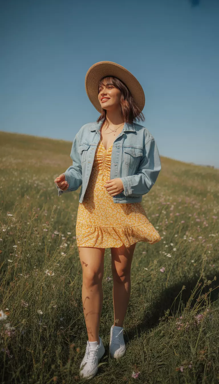 A beautiful woman in a sunshine yellow floral mini dress, light denim jacket, white sneakers, and a straw hat.