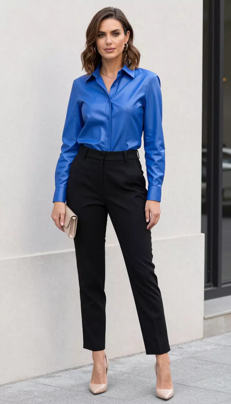 A beautiful white woman in an azure blue leather shirt, black tailored pants, nude heels, and a clutch.