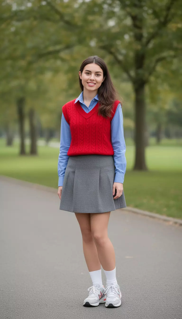 A beautiful woman in a red sweater vest, blue collared shirt, grey skirt, white socks, and sneakers.