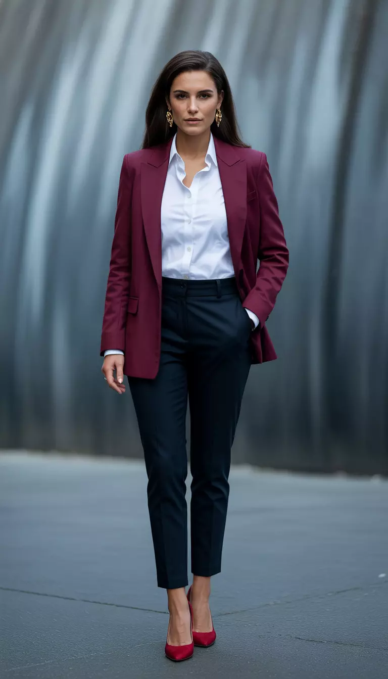 A beautiful woman in a burgundy power-shoulder blazer, white button-up shirt, black cigarette pants, red pumps, and gold earrings.