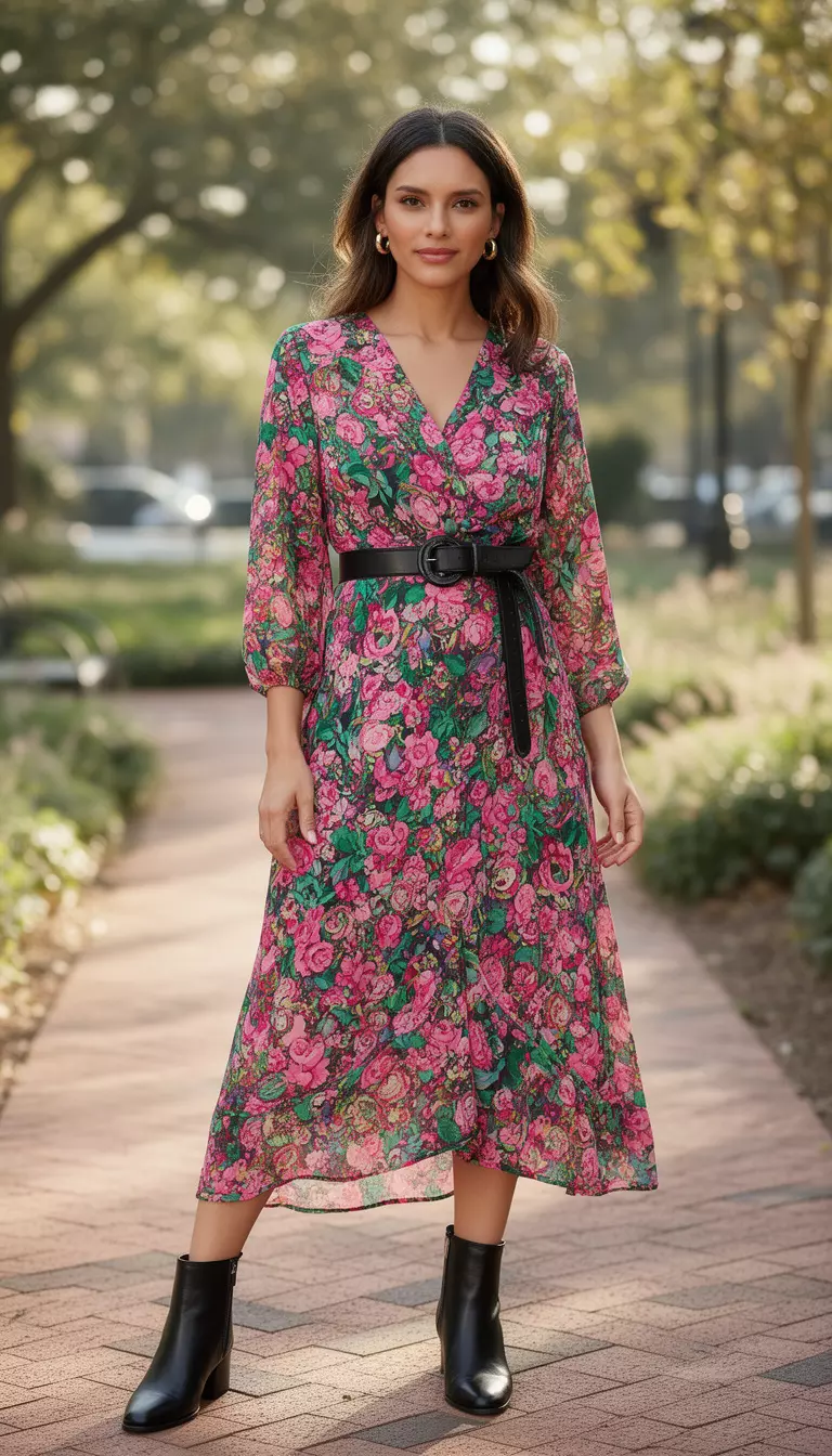 A beautiful woman in a multicolored floral wrap midi dress with pink and green accents, a black leather belt, black leather ankle boots, and gold hoop earrings.