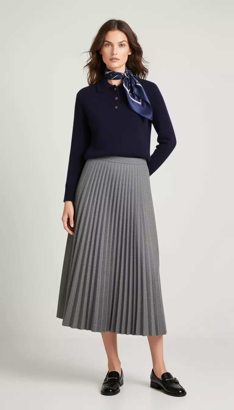 A beautiful woman in a navy collared cashmere sweater, a pleated grey midi skirt, black leather loafers, and a navy silk scarf.